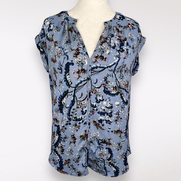 Philosophy Blue Floral Print Short Sleeve Blouse V-Neck XS - Picture 1 of 8